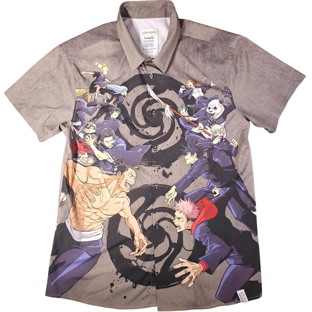 Loungefly Jujutsu Kaisen Anime Battle Print Button Down Shirt Grey Mens XL